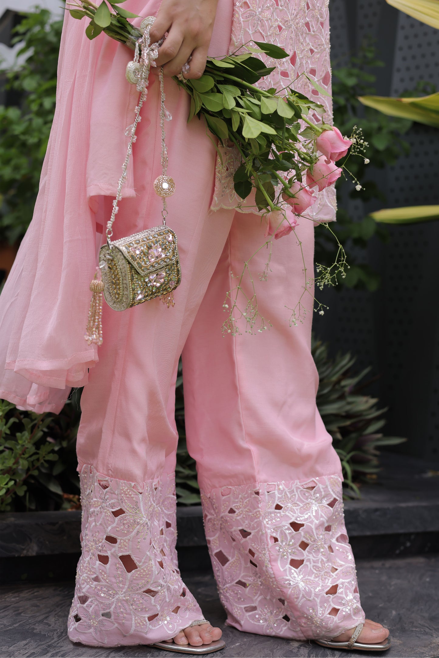 Pink Floral Cutwork Suit Set with Chiffon Dupatta
