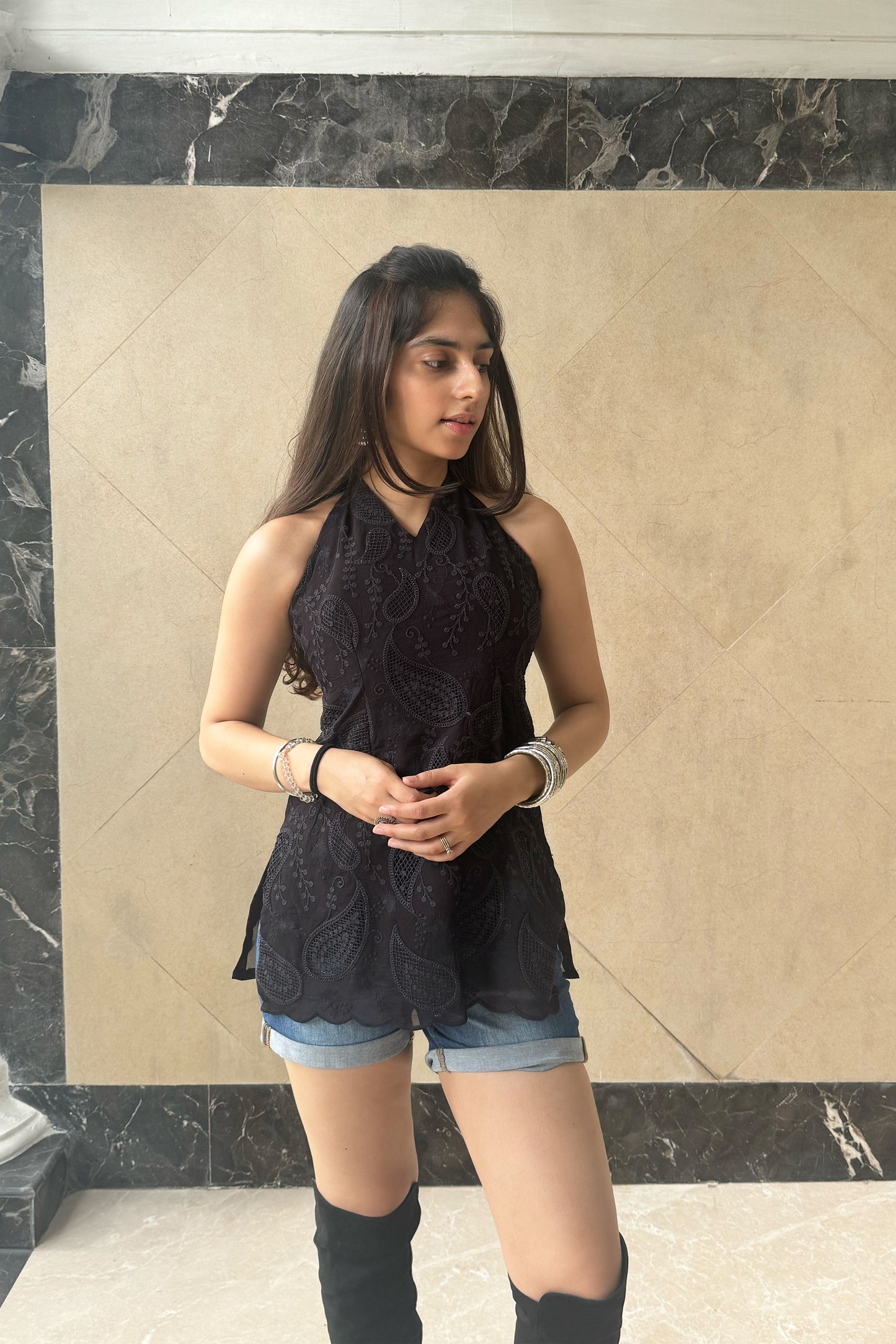 Black Organza Cutwork Embroidered Kurti