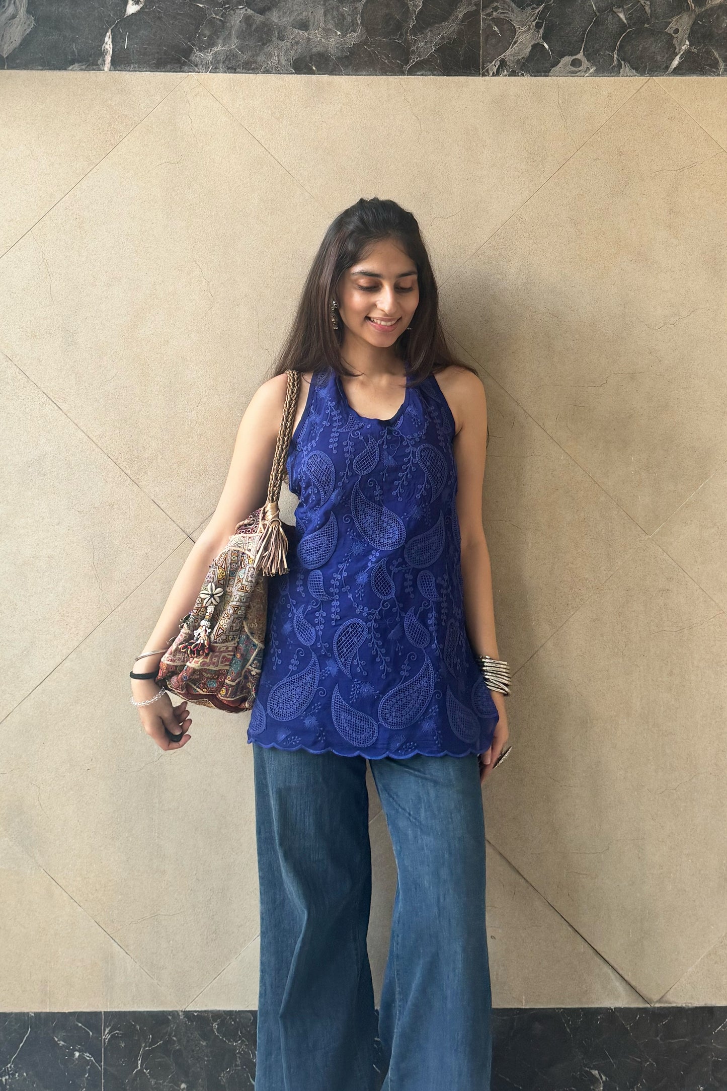 Blue Organza Cutwork Embroidered Kurti