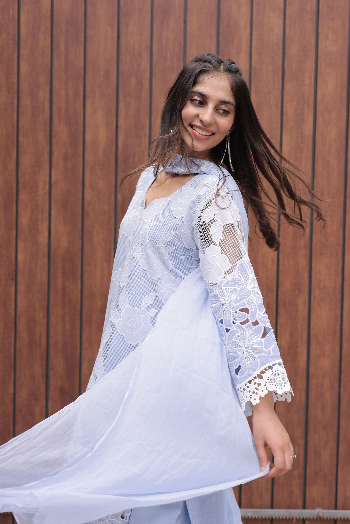 Blue Floral Cutwork Suit Set with Chiffon Dupatta