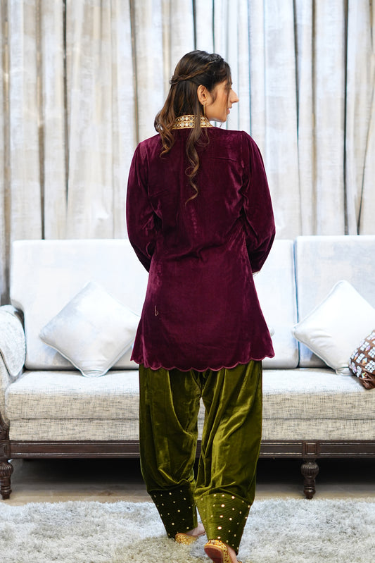 Wine Velvet Kurta with Cutwork Sleeves and Olive Farshi Salwar