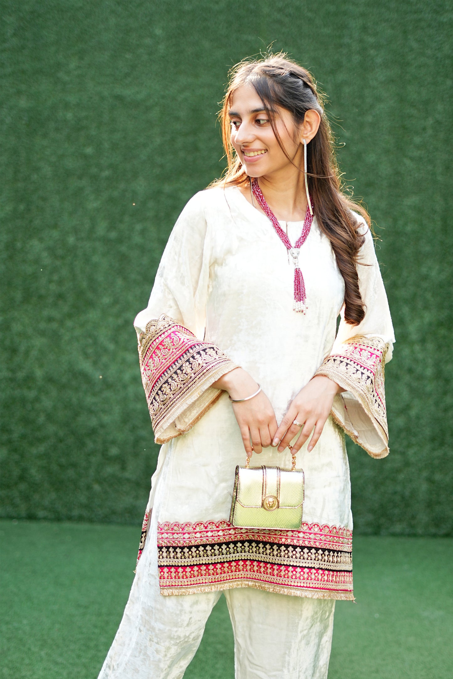 White Velvet Set with Rich Contrast Embroidered Work