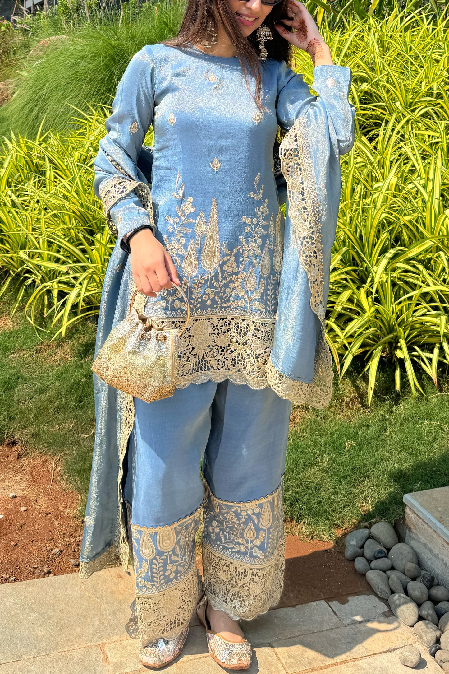 Blue Embroidered Cutwork Tissue Suit