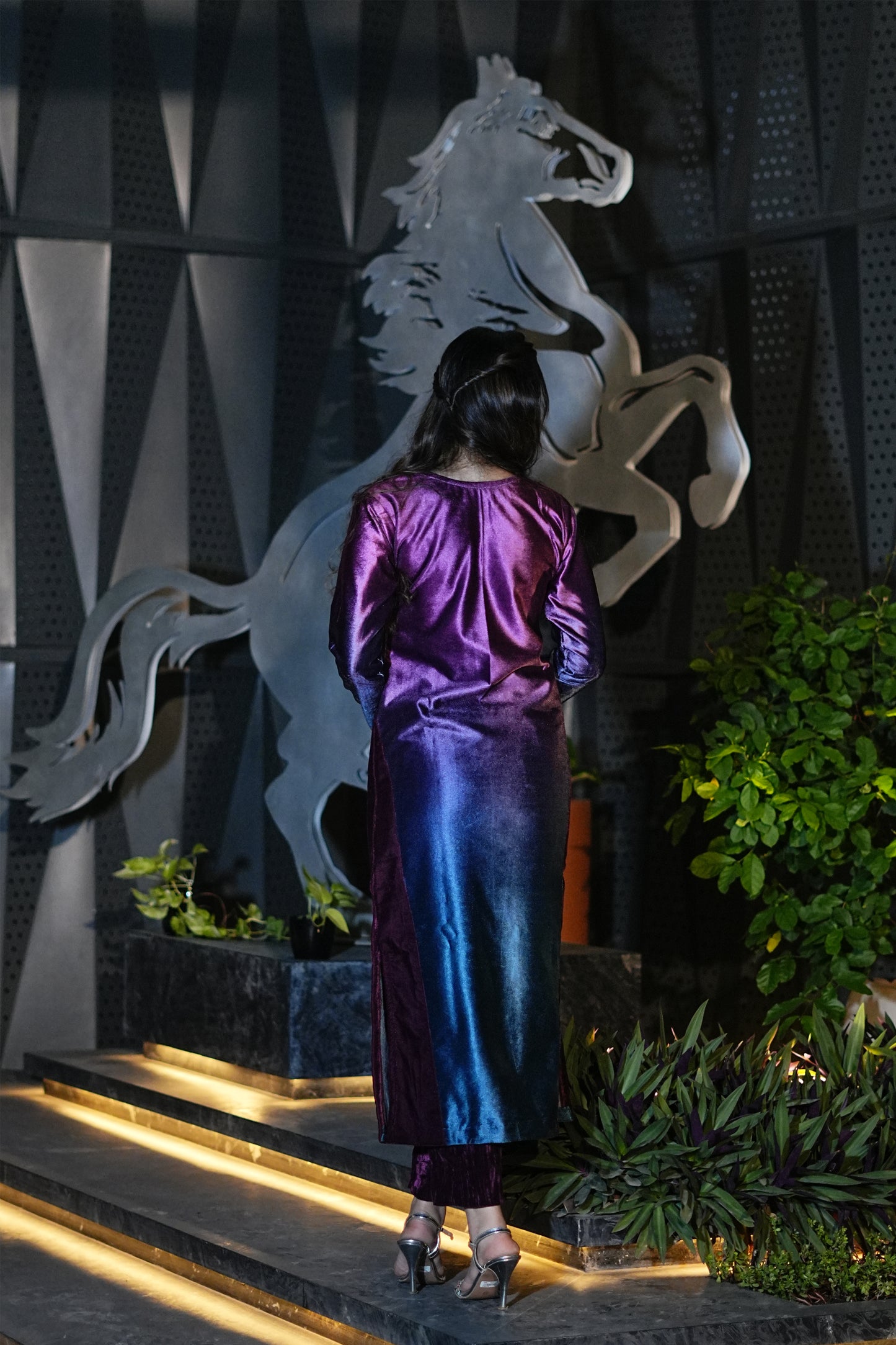 Shaded Velvet Mirror-Work Kurti Set