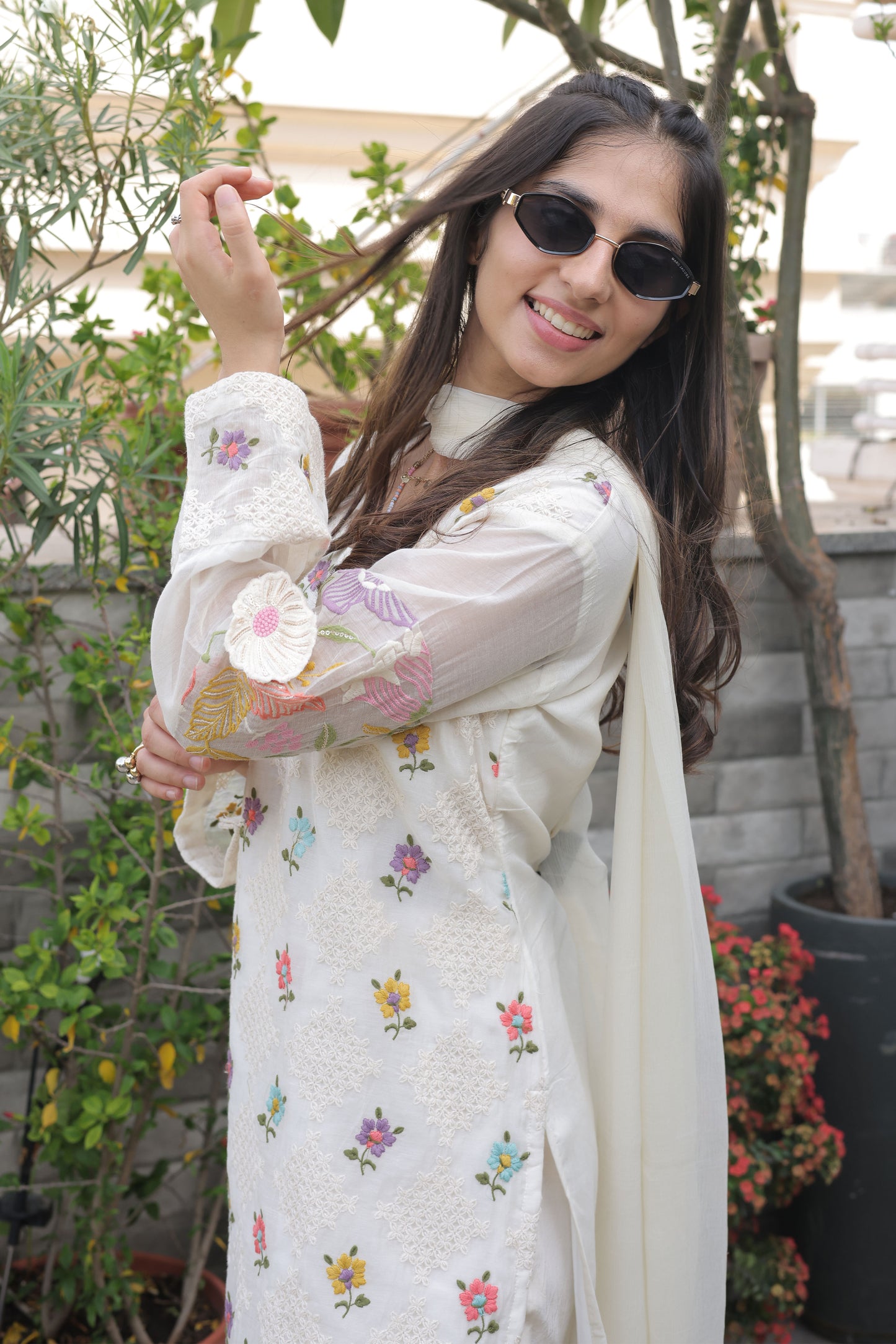 Chanderi Suit Set with Multicolor Floral Embroidery