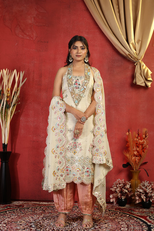 Multicolor Embroidered Handwork Tissue Suit
