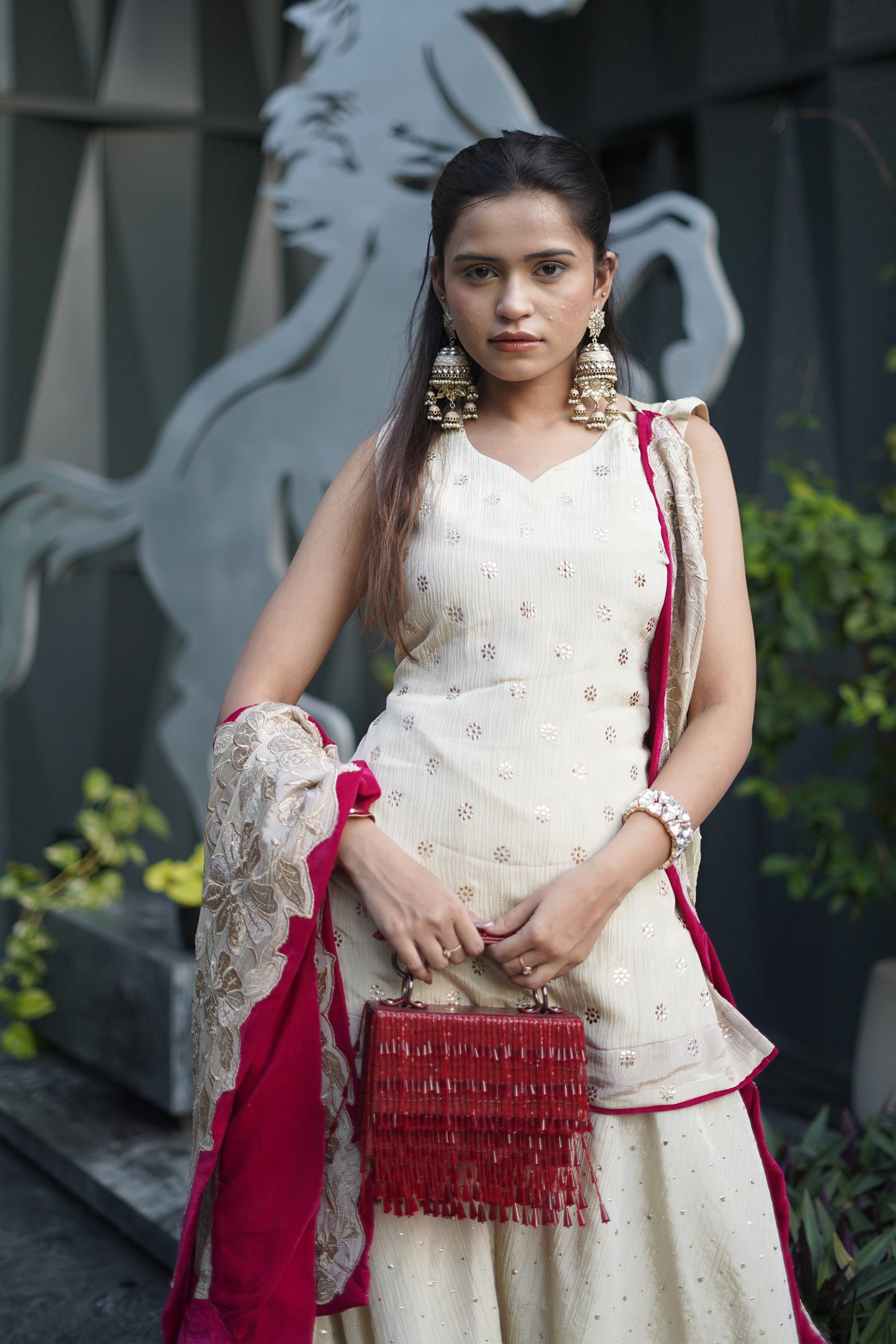 Ivory Tissue Pitha Work Sharara Set