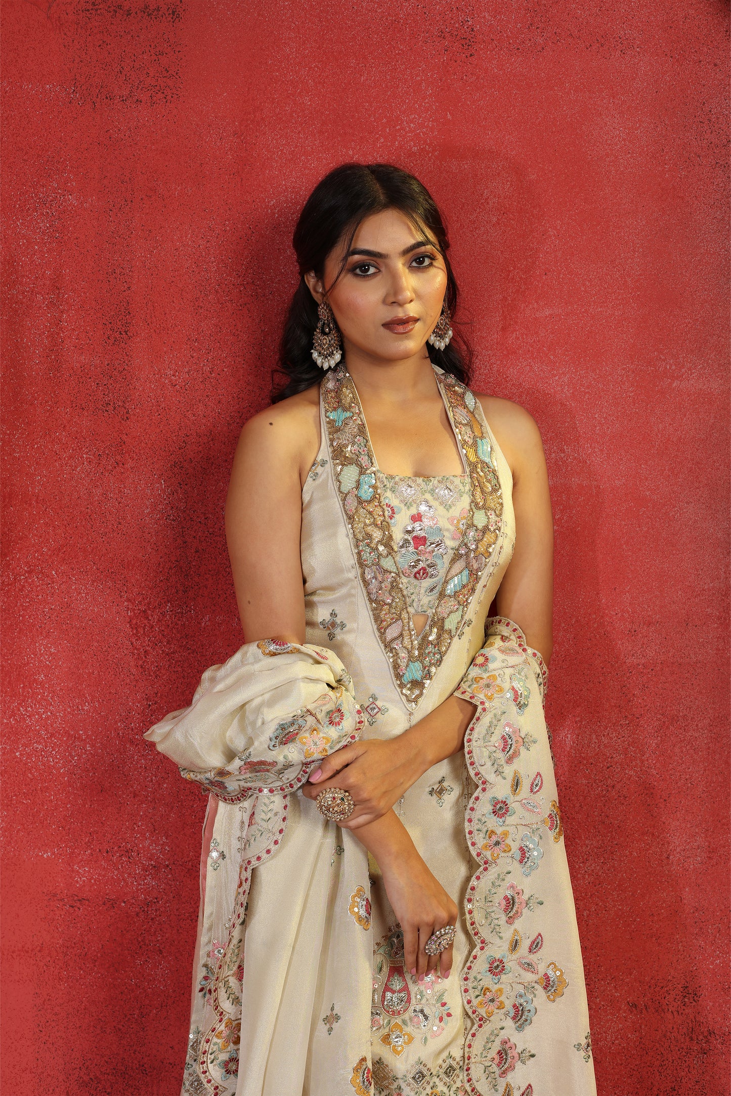 Multicolor Embroidered Handwork Tissue Suit