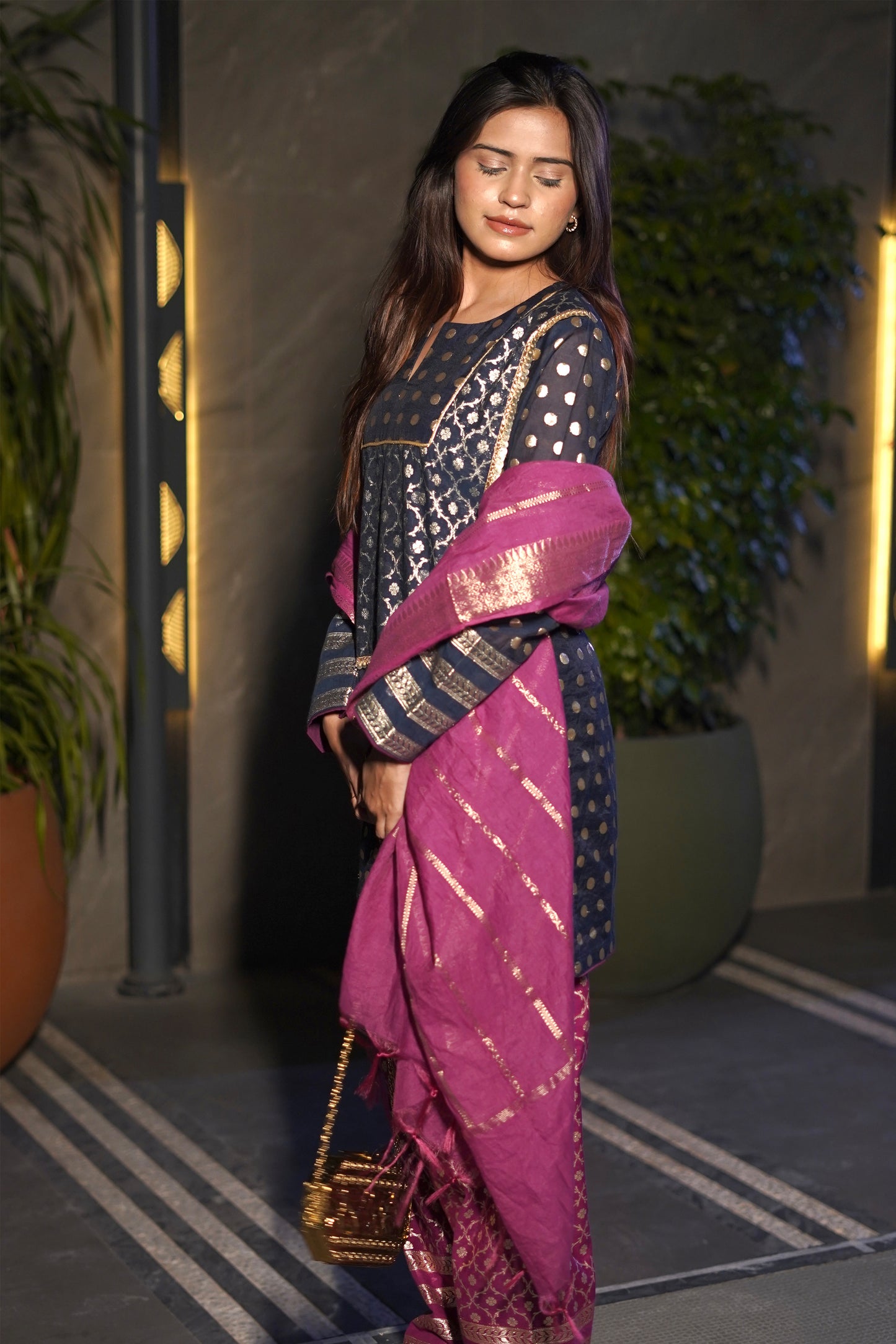 Navy Chanderi Woven Suit Set with Patiala Salwar