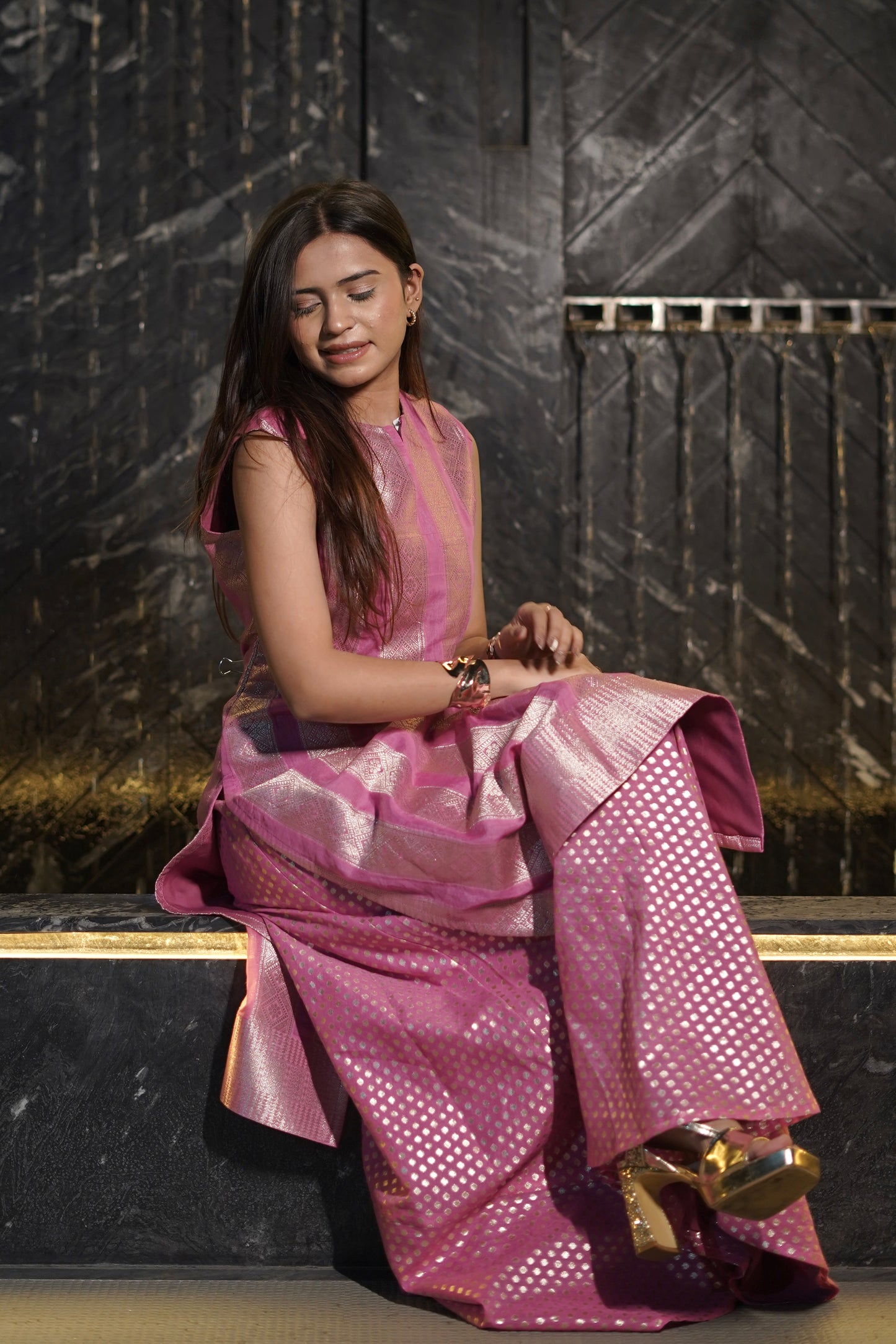 Pink Chanderi Suit Set with Teal Dupatta