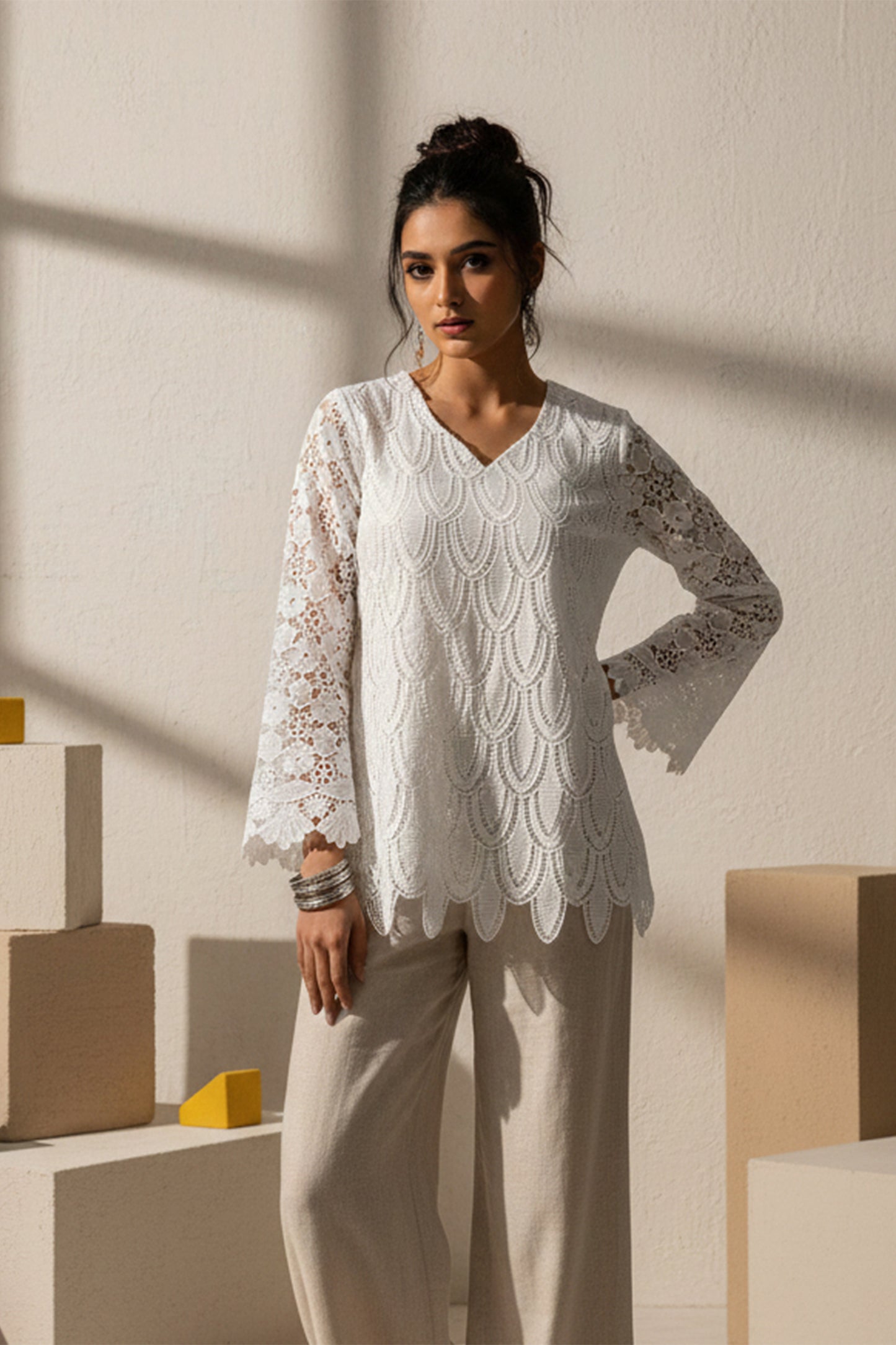 White Cutwork Full Sleeved Kurti