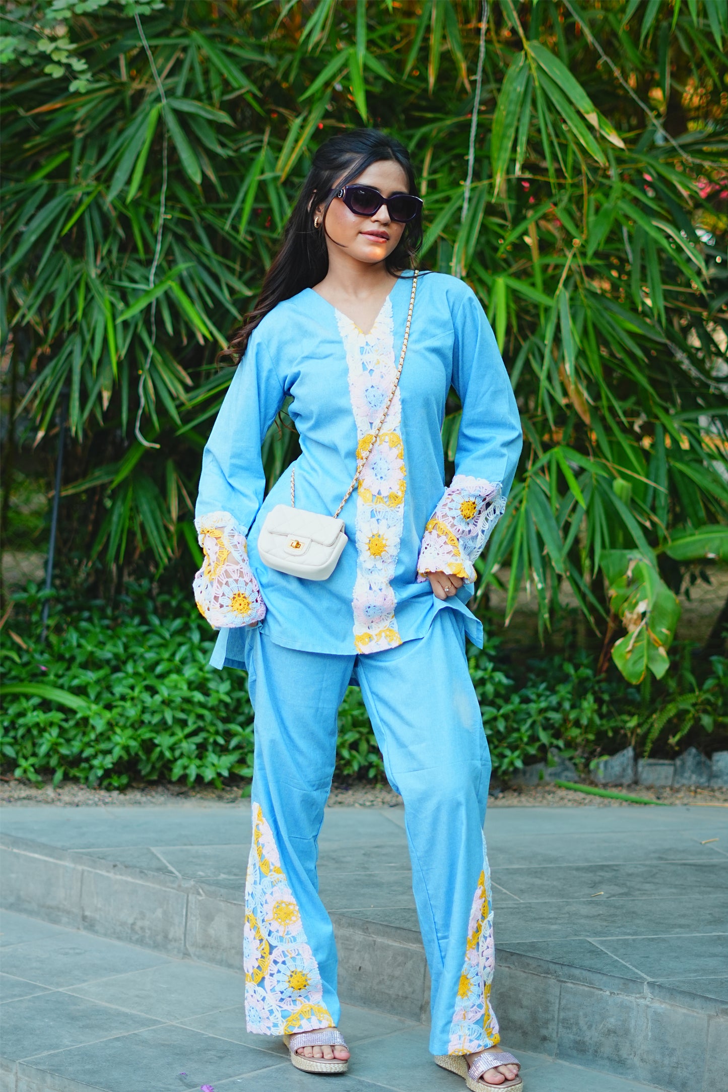 Yoke-Gathered Denim & Crochet Fusion Set