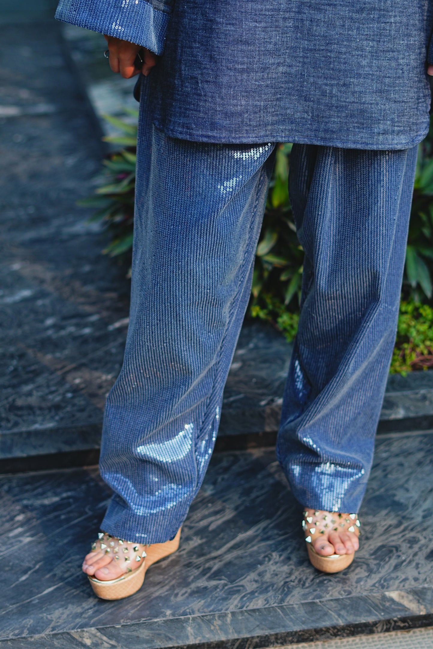 Sequinned Denim Kurti & Farshi Salwar Set