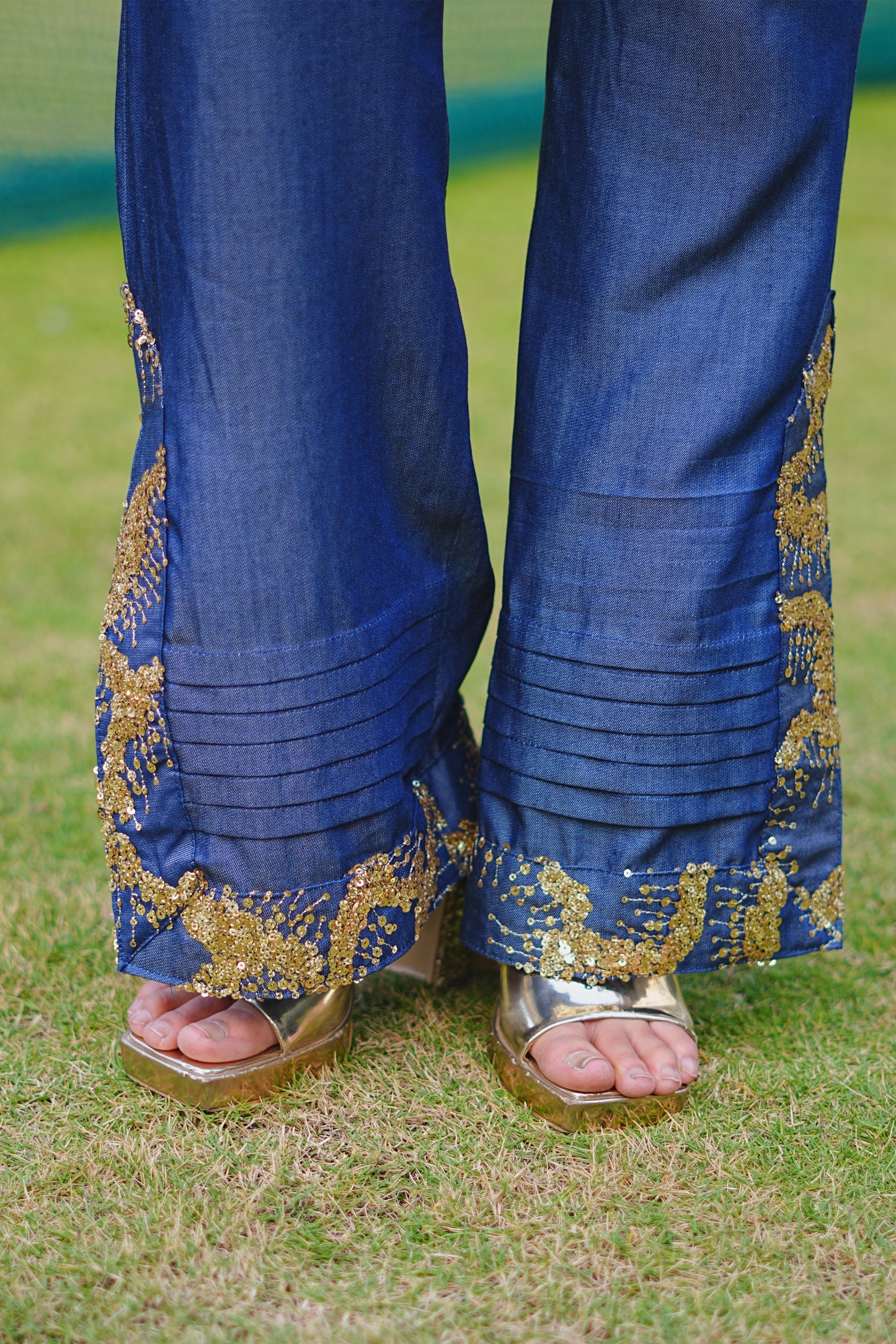 Gold Sequin Abstract Embroidered Denim Co-ord Set