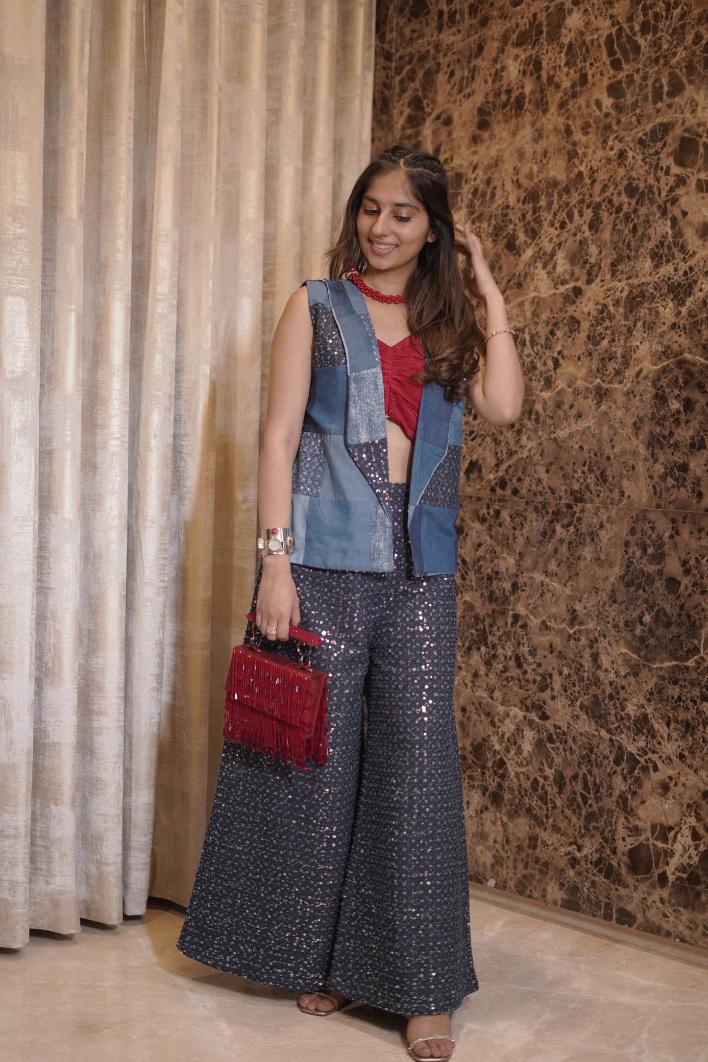 3-Piece Handcrafted Patchwork Denim & Sequin Set