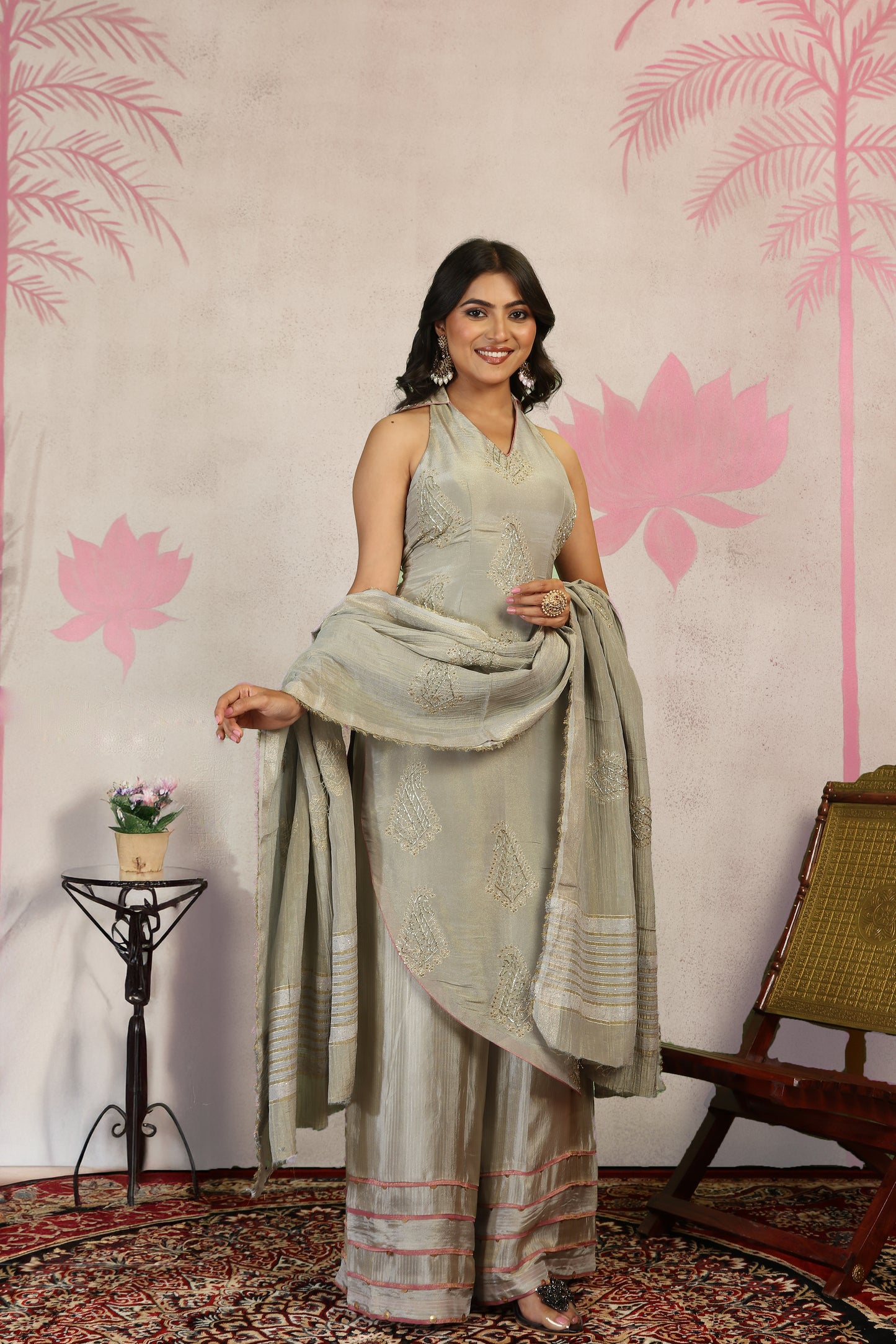 Halter Neck Tissue Suit with Paisley Sequins