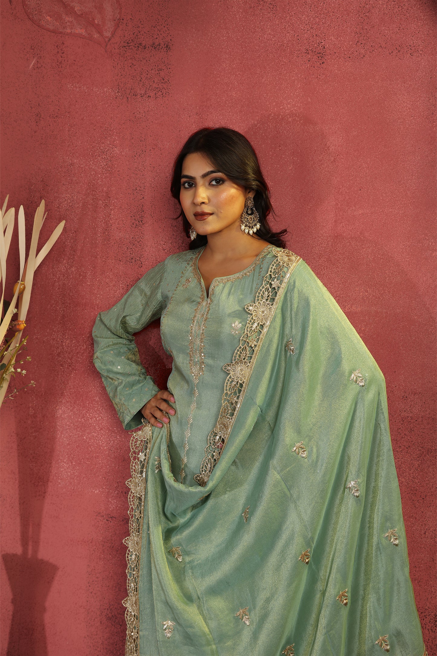 Green Cutwork and Zari Tissue Dupatta