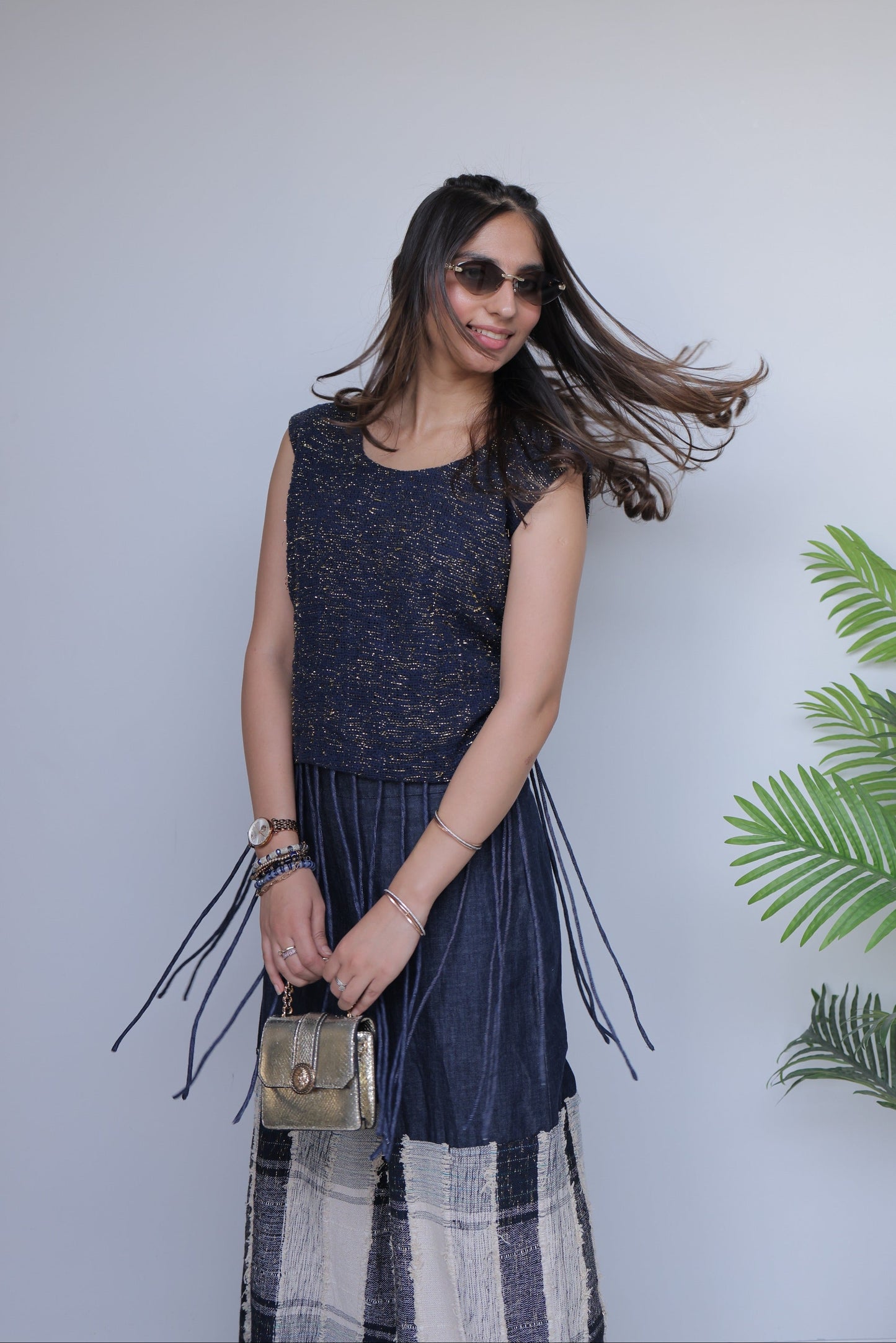 Gold Sequin Jute Top & Textured Patchwork Denim Co-ord Set
