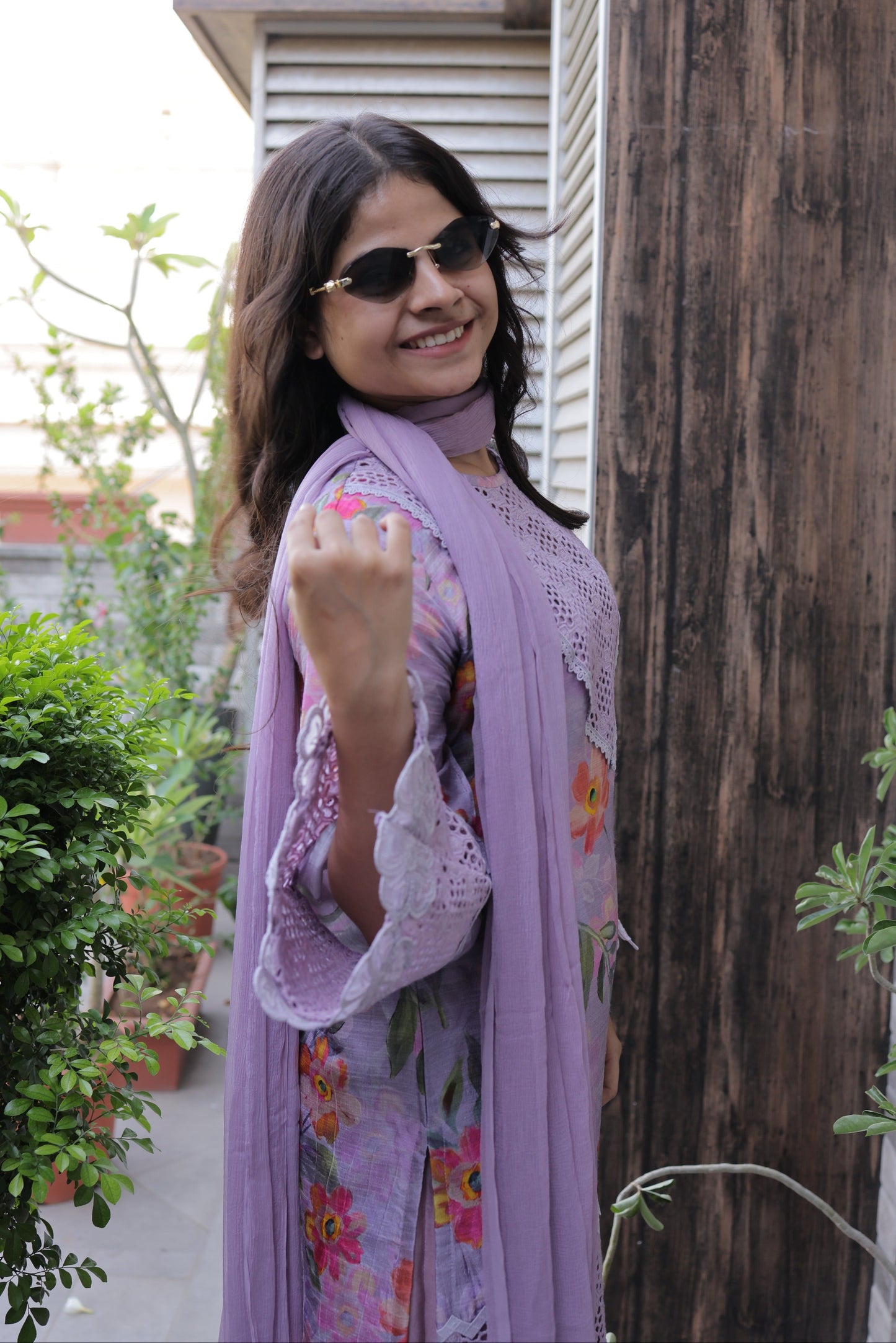 Lavender Floral & Schiffli Co-ord Set with Chiffon Dupatta