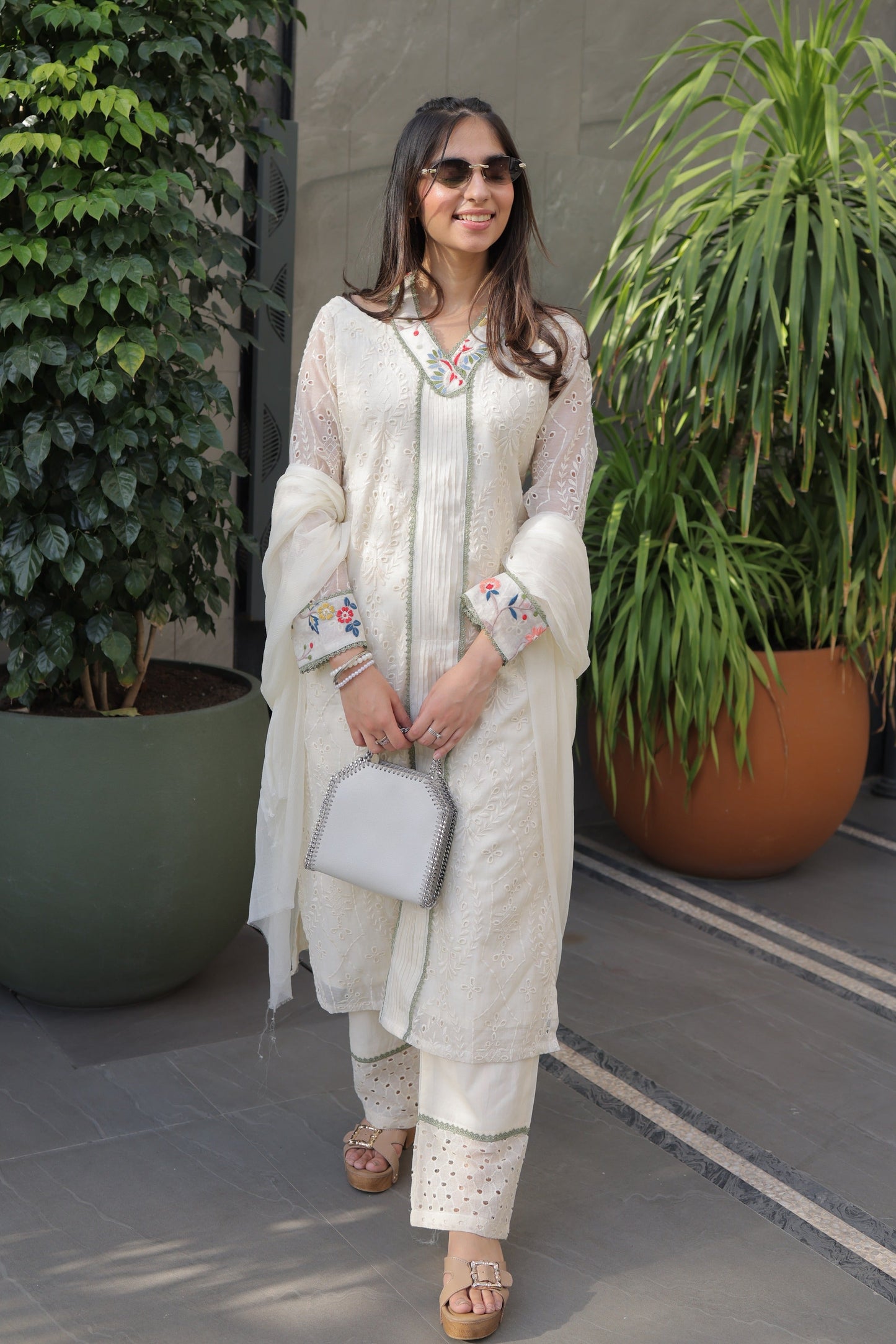 Ivory Schiffli Halter-Neck Suit Set with Embroidered Panel