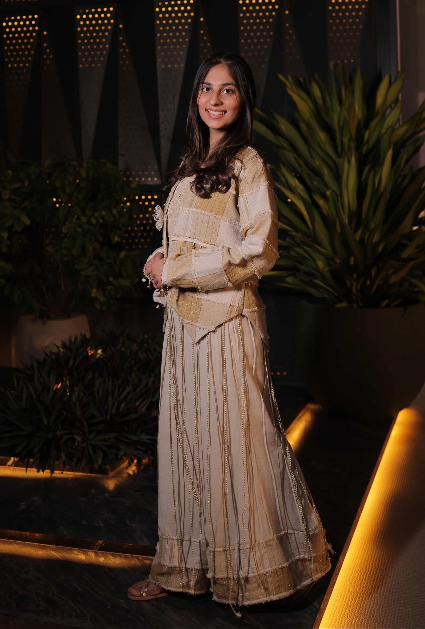 Gold & Beige Jute 3-Piece Co-ord Set with Applique Jacket
