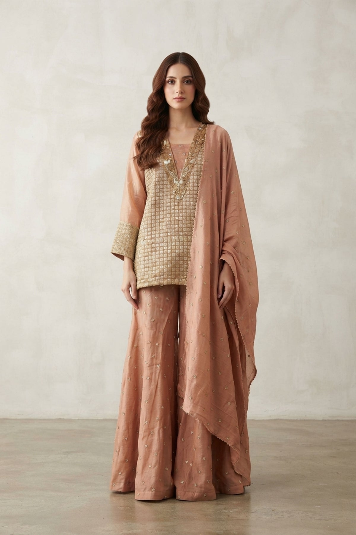 Shimmering Peach Tissue Sharara Set