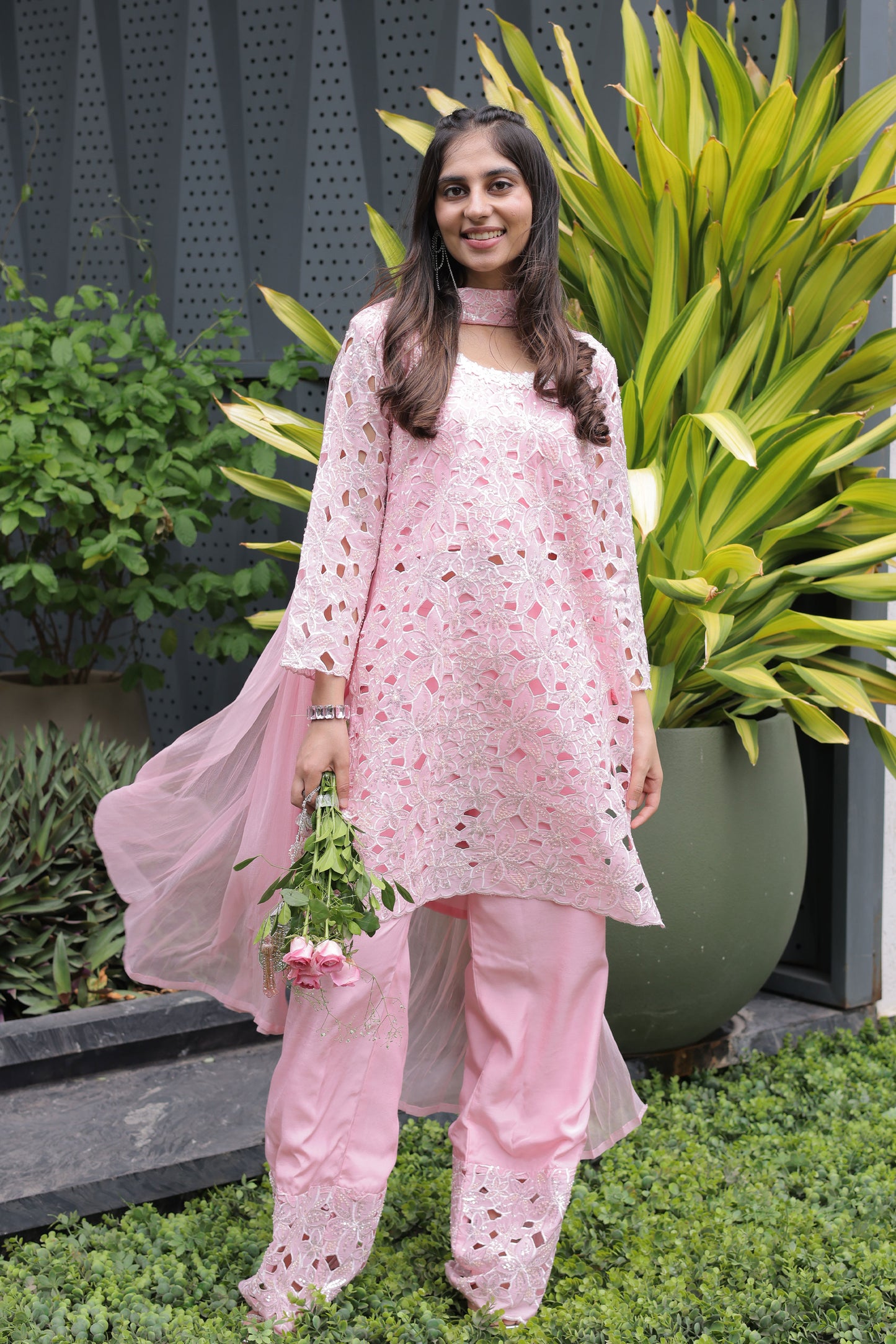 Pink Floral Cutwork Suit Set with Chiffon Dupatta