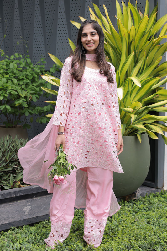 Pink Floral Cutwork Suit Set.