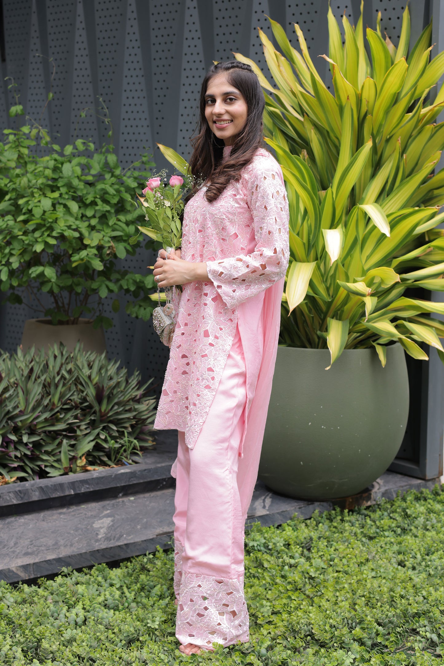 Pink Floral Cutwork Suit Set with Chiffon Dupatta
