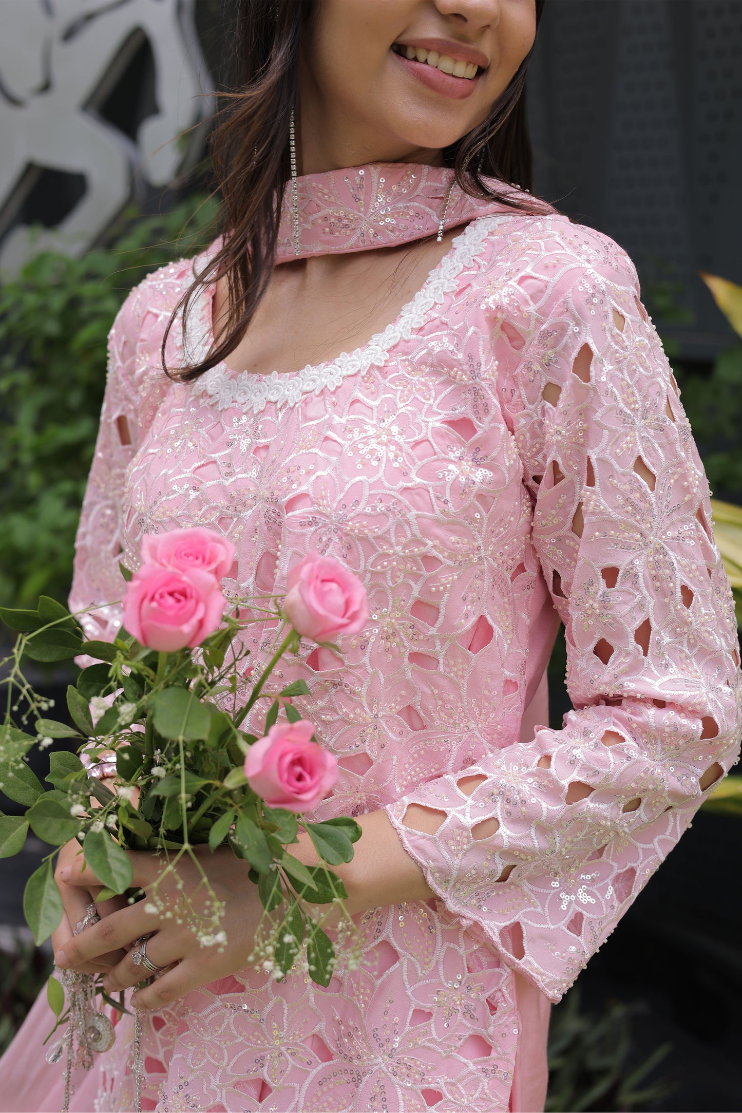 Pink Floral Cutwork Suit Set with Chiffon Dupatta