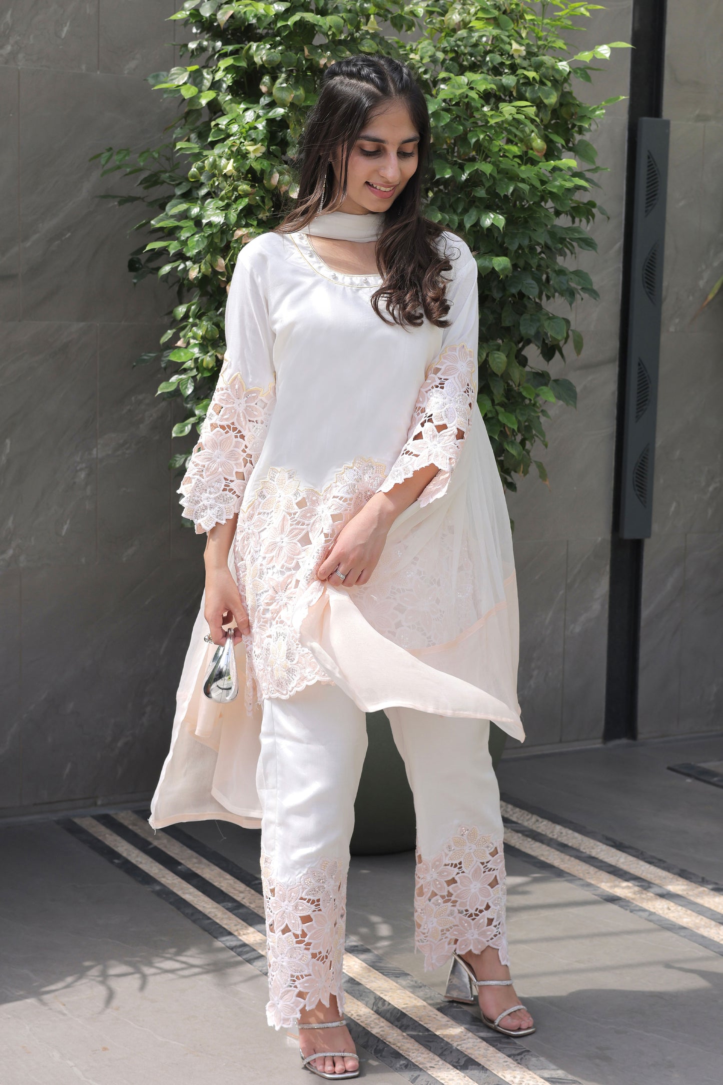Peach Floral Cutwork Suit Set