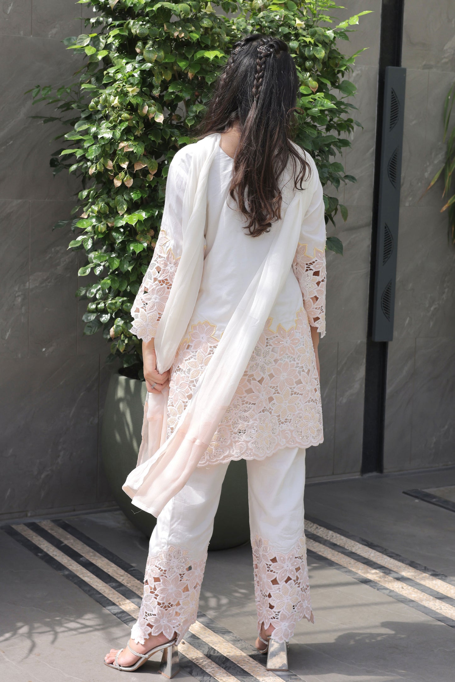 Peach Floral Cutwork Suit Set