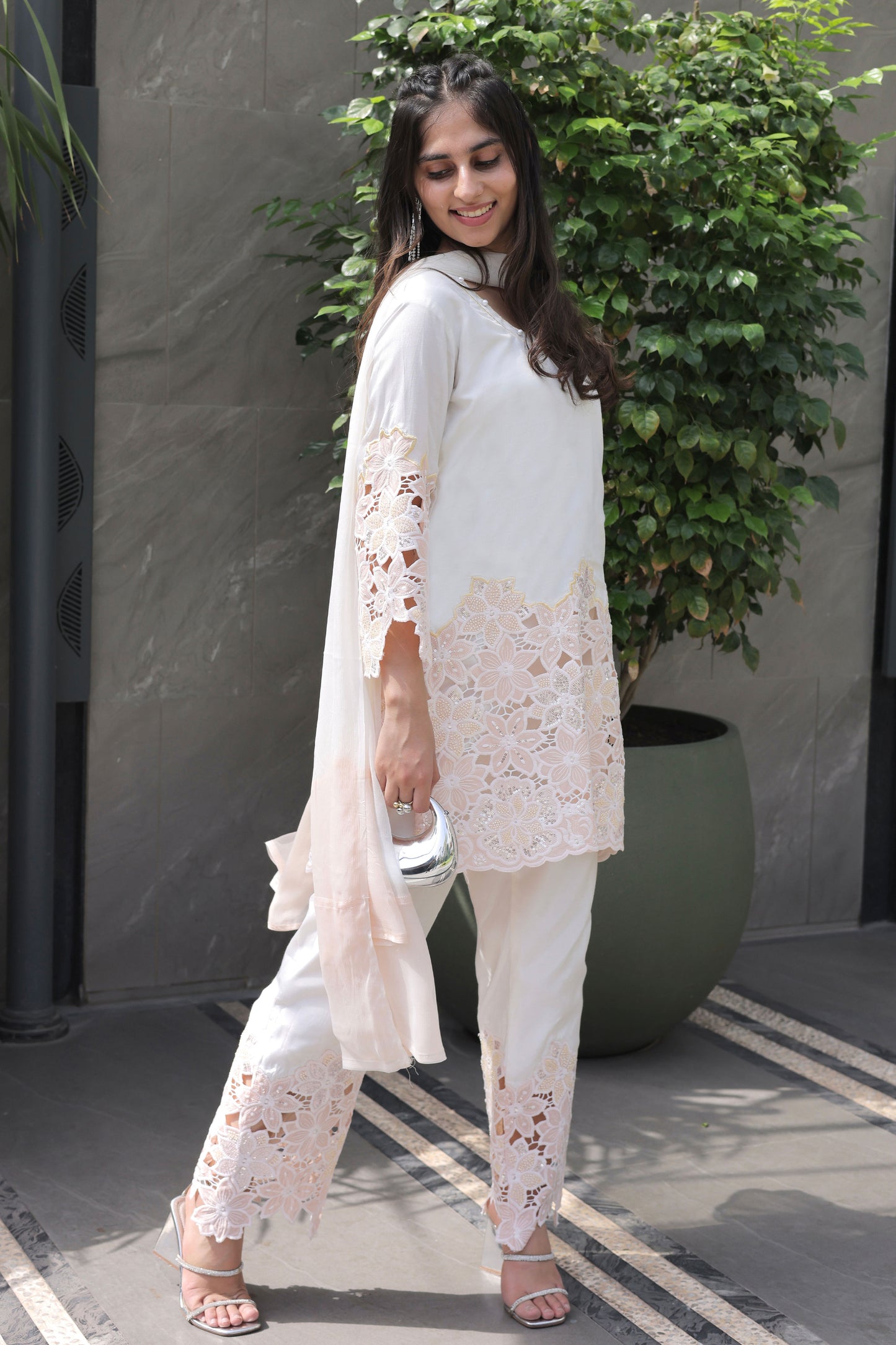 Peach Floral Cutwork Suit Set