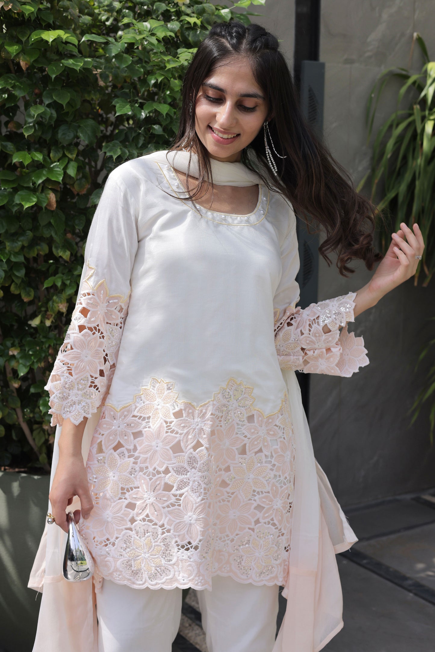 Peach Floral Cutwork Suit Set