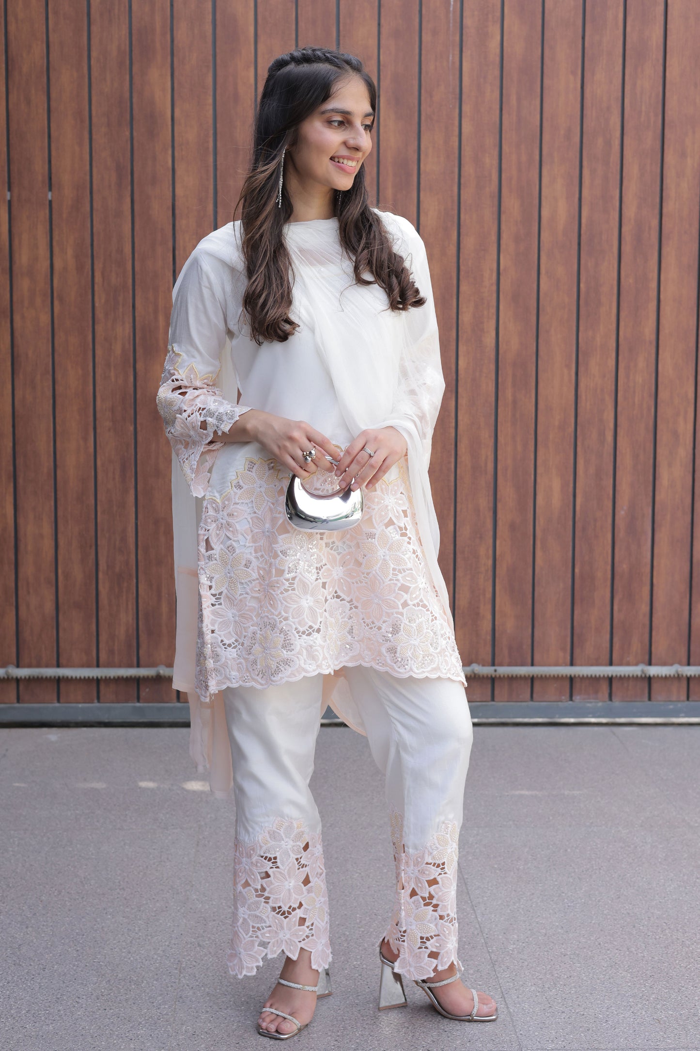 Peach Floral Cutwork Suit Set