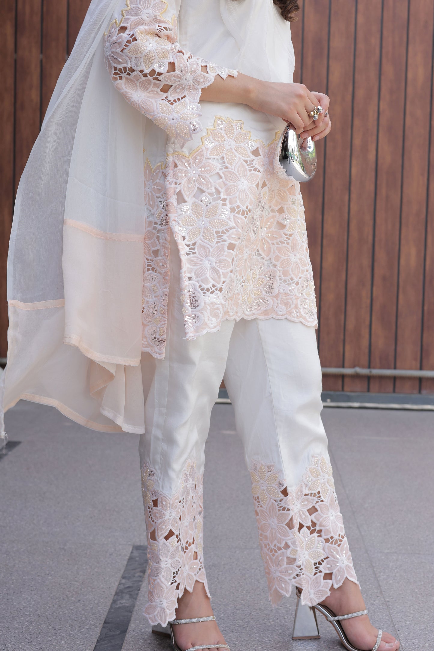 Peach Floral Cutwork Suit Set