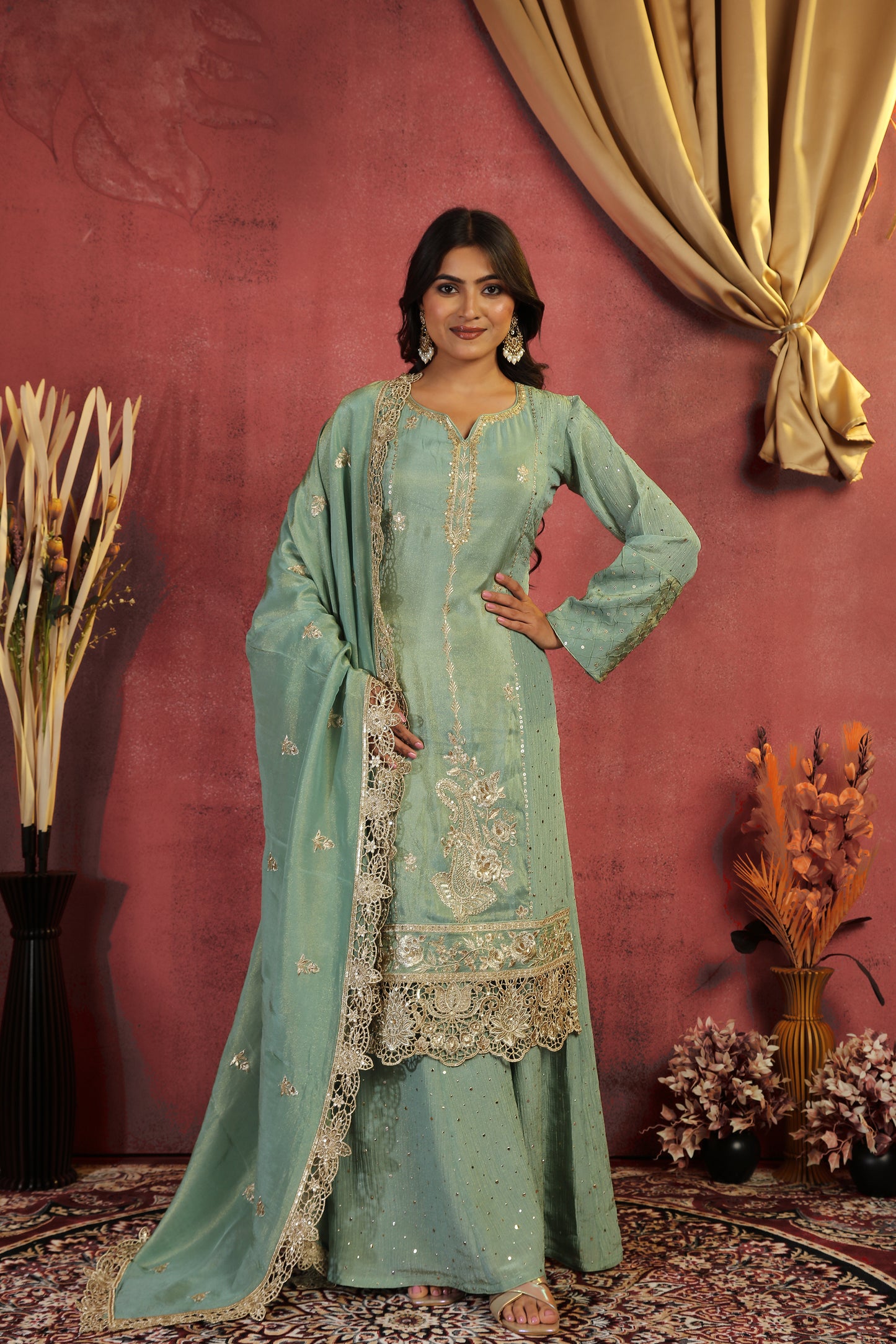 Green Cutwork and Zari Tissue Dupatta