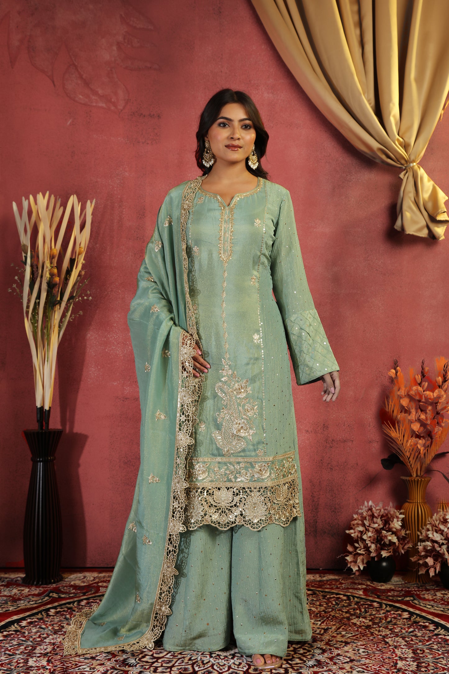 Pitha Tissue Suit with Embroidery and Cutwork Border