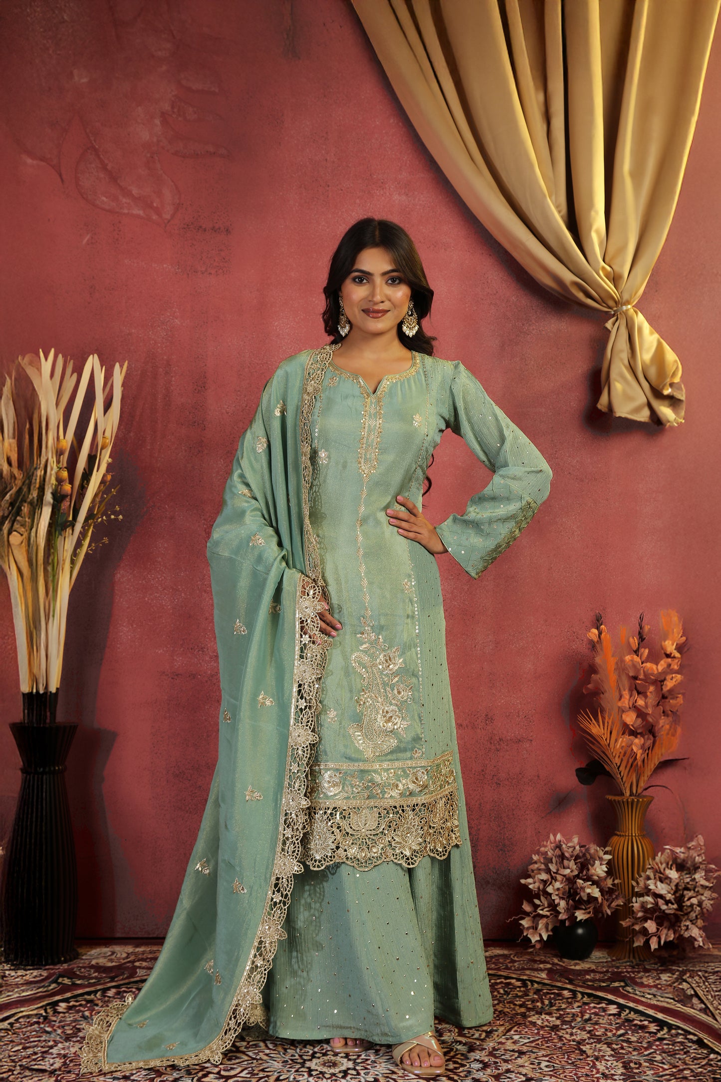 Pitha Tissue Suit with Embroidery and Cutwork Border