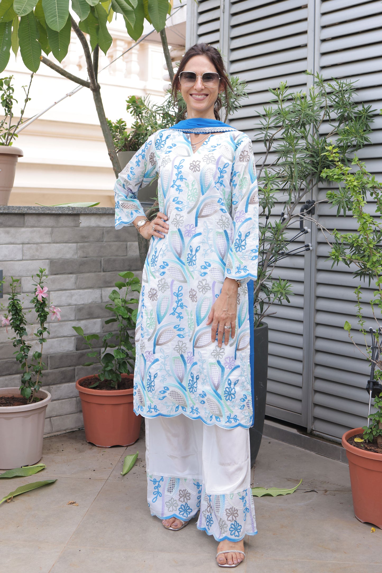 Blue Abstract Cutwork Suit Set