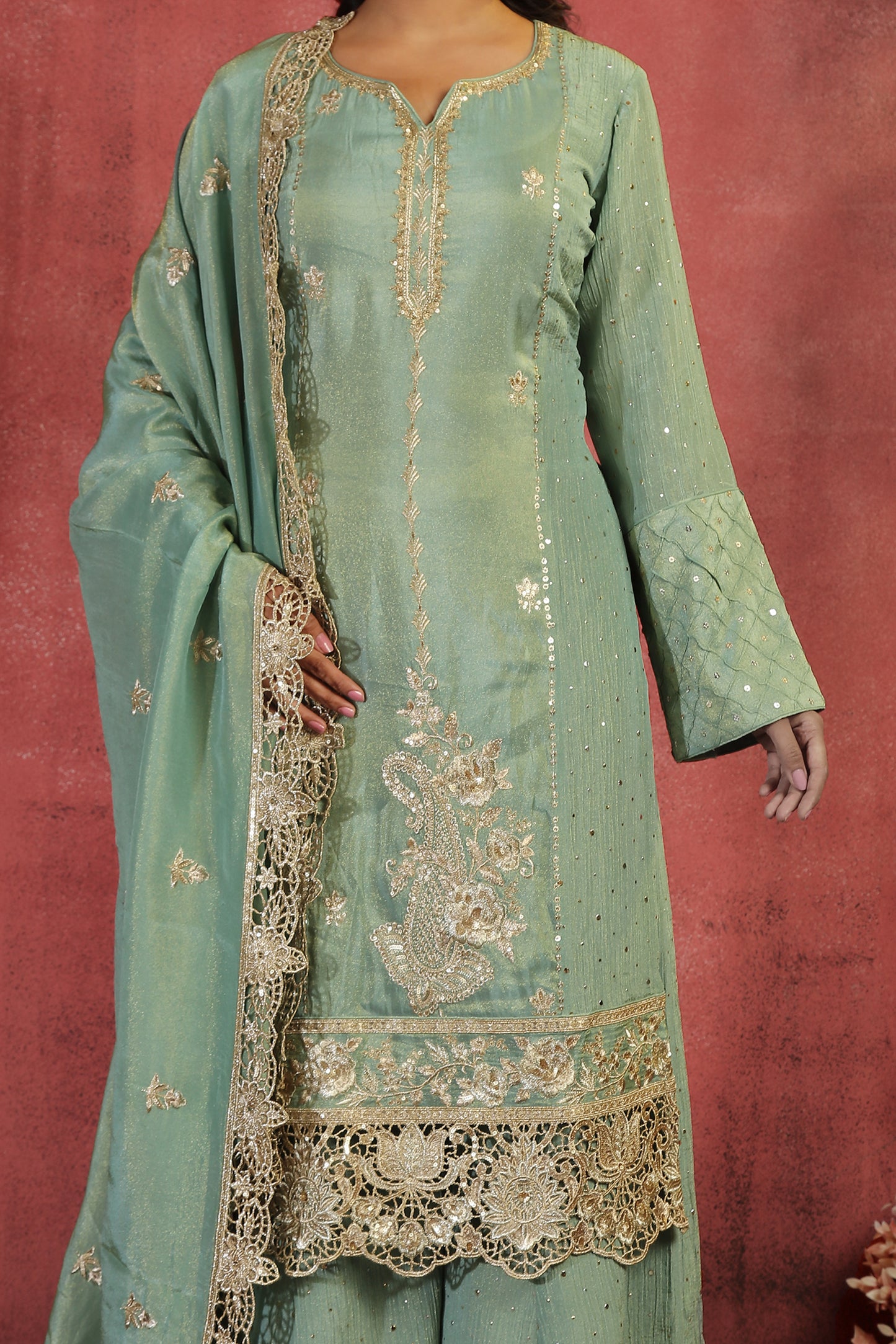 Pitha Tissue Suit with Embroidery and Cutwork Border