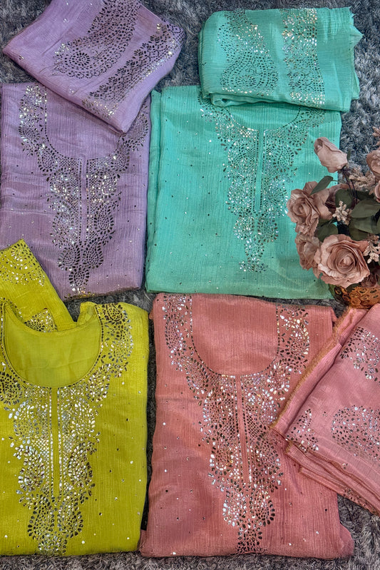 Pure Crushed Tissue Pitha Work Unstitched Suit Set