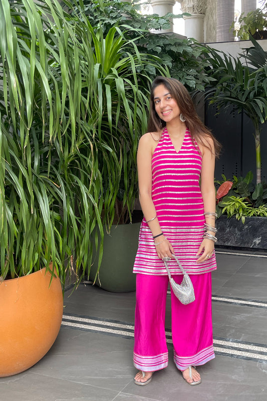 Hot Pink Foil Embroidered Halter Coord Set
