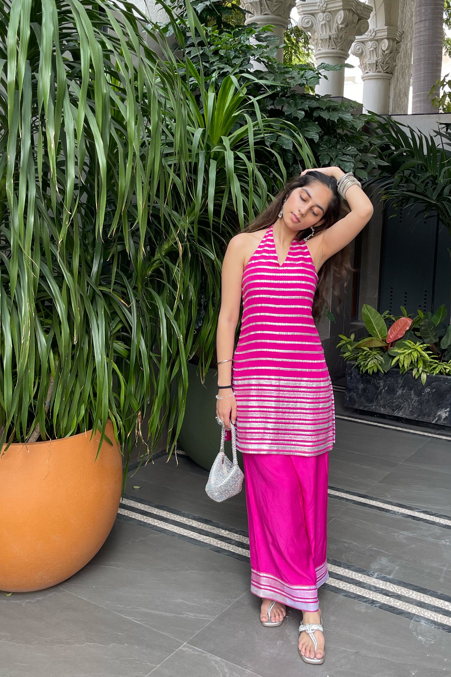 Hot Pink Foil Embroidered Halter Coord Set