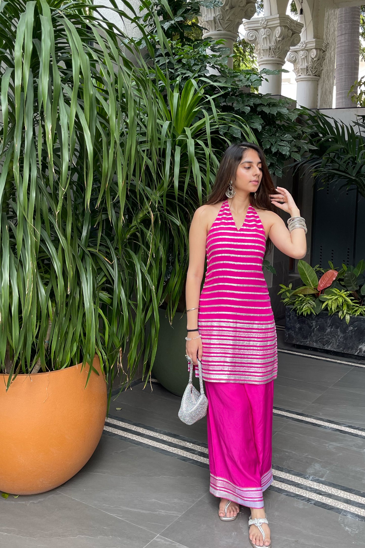 Hot Pink Foil Embroidered Halter Coord Set
