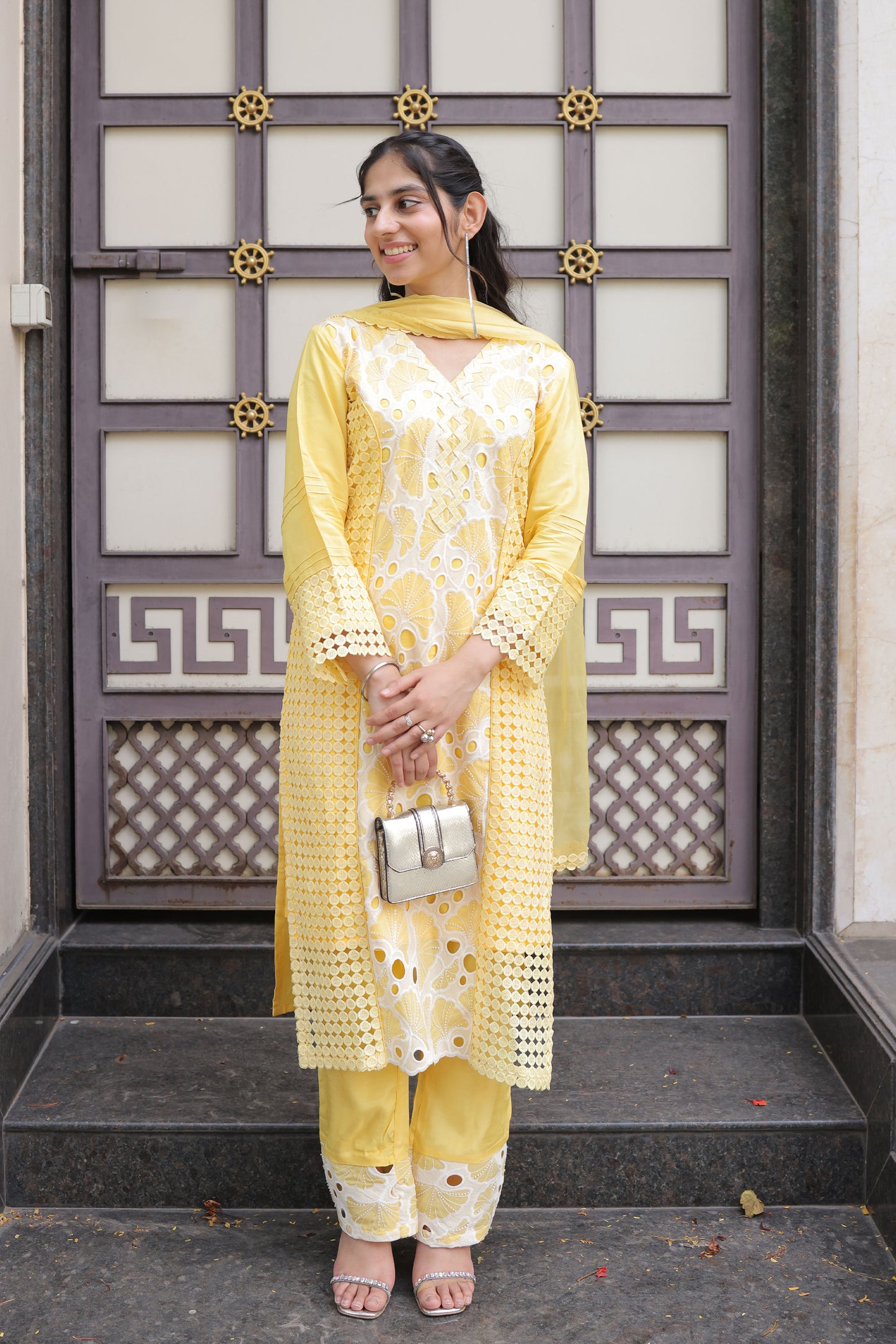 Yellow Embroidered Cutwork Suit set