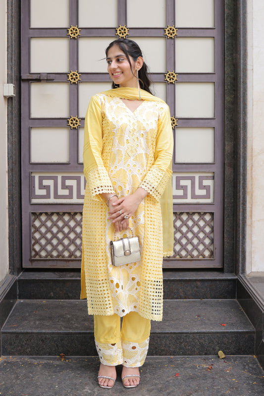 Yellow Embroidered Cutwork Suit set