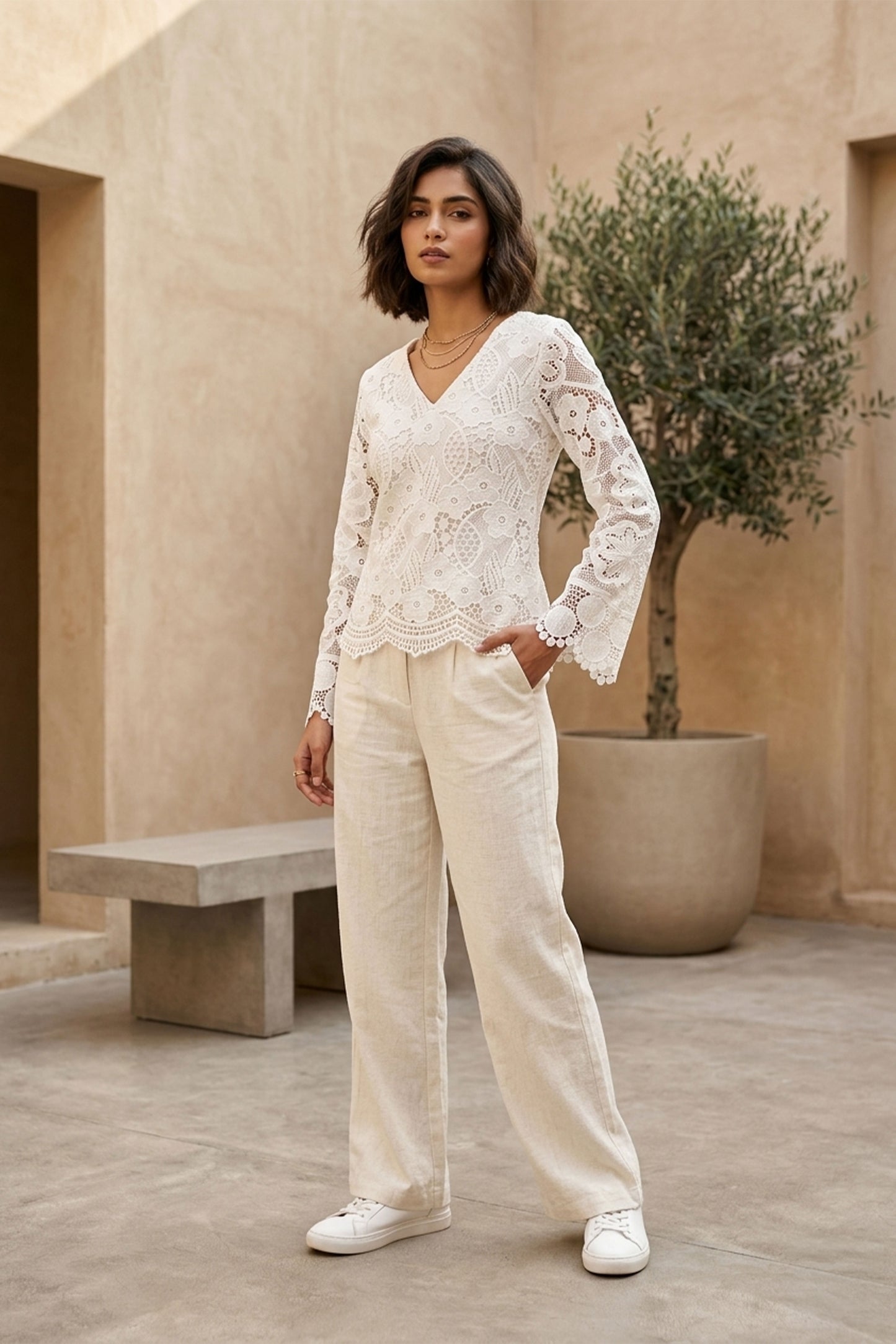 Off-White Floral Cutwork Kurti