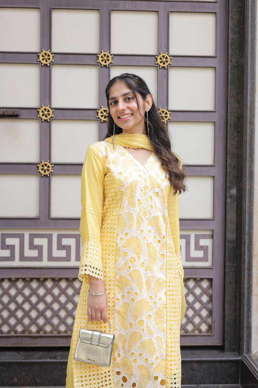 Yellow Embroidered Cutwork Suit set