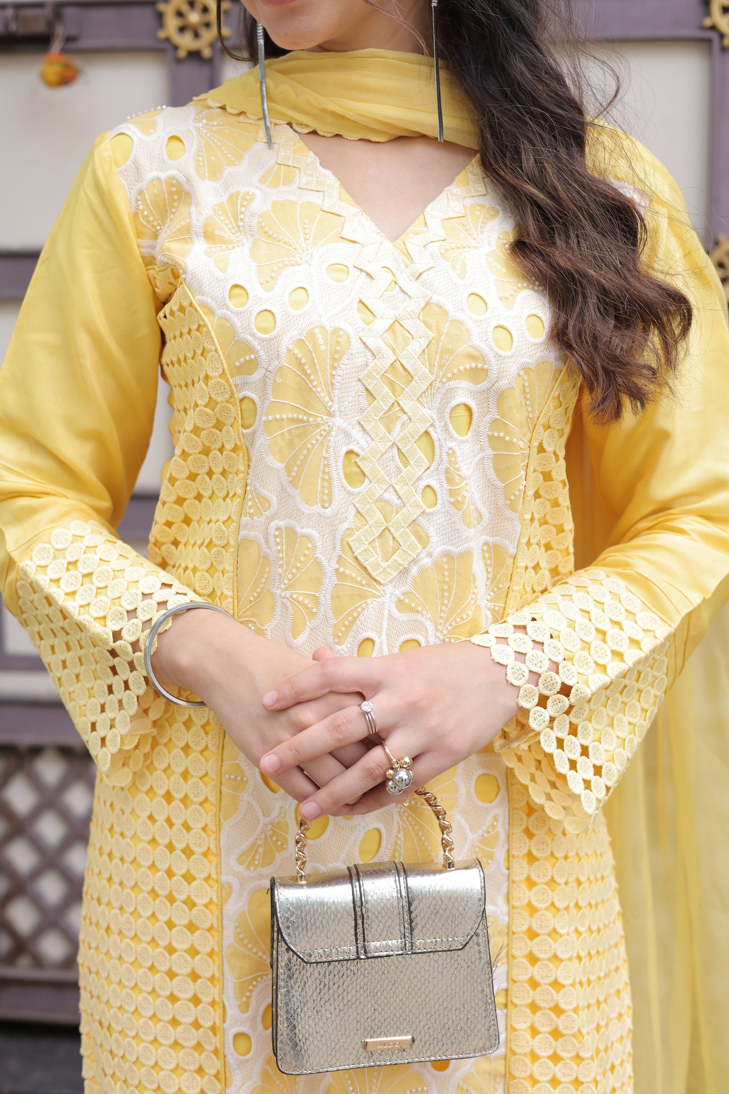 Yellow Embroidered Cutwork Suit set